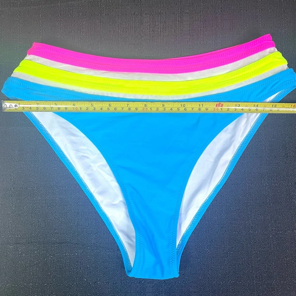 POPVIL Swim Bikini Bottom High Leg Waist Neon Turquoise Pink Yellow Med NEW NWT